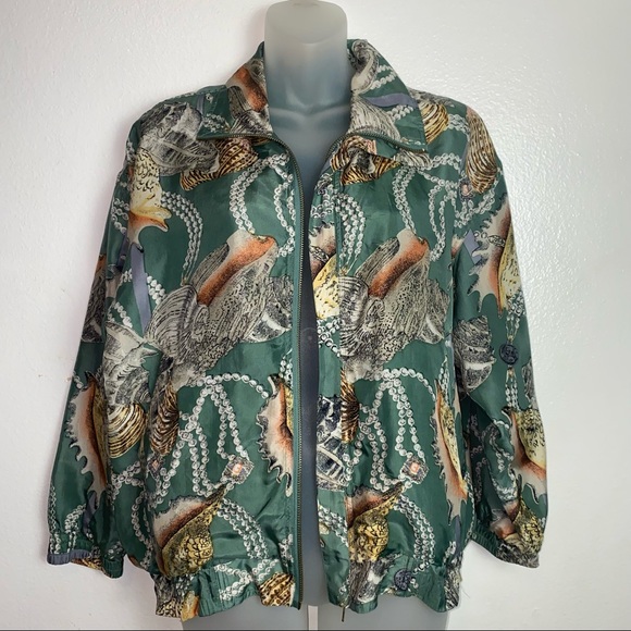 Vintage Shanghai Silk 100% silk green seashell ocean novelty print zip up jacket - Picture 3 of 13